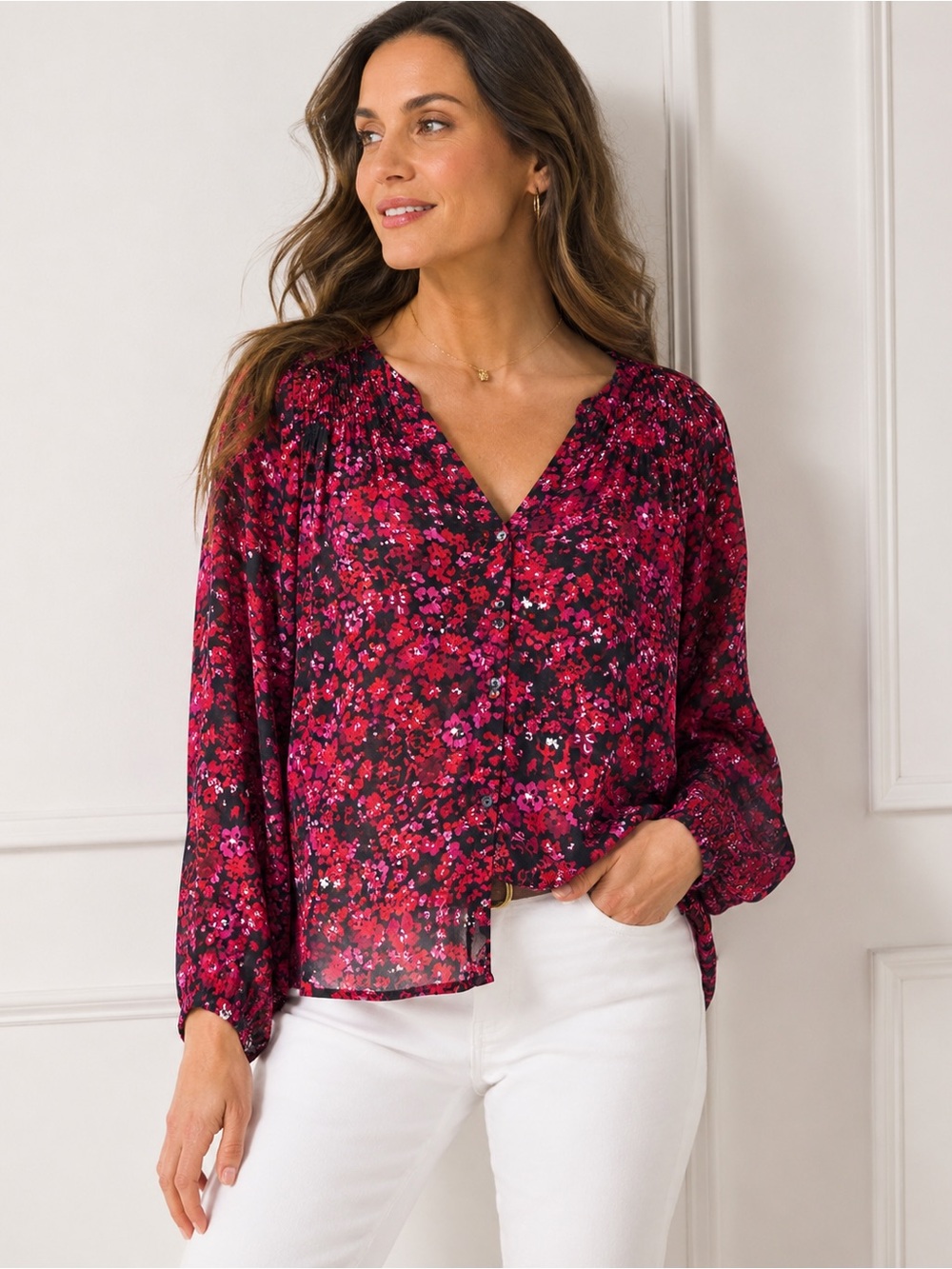 Lane‎ Bryant NWT Floral Button Front Blouse Top 14/16 Berry Pink Red and Black